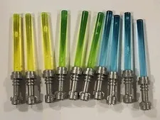 STAR WARS LEGO Lot if 10 Jedi Lightsabers w/Metallic Hilts, Green, Blue, Yellow
