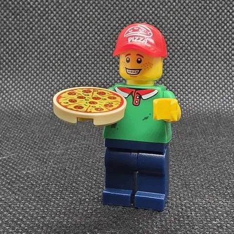 LEGO Pizza Delivery Man Minifigure w/ Pizza Hat/Cap and Pizza Tile