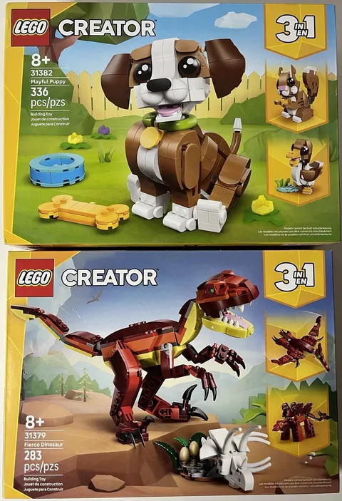 Lot of 2 LEGO Creator 3in1: Playful Puppy (31382) & Fierce Dinosaur (31379)