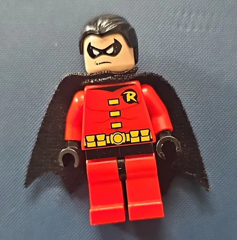 LEGO Robin Minifigure Red Suit w/ Black Cape & Black Hair Plastic/Fabric