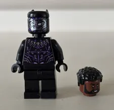 LEGO Marvel Black Panther Minifigure w/ Hair Piece, Black Suit w/ Purple Details