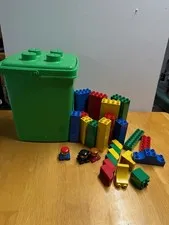 1987 LEGO DUPLO Bulk Lot Bricks & Blocks w/ Green Storage Tub Bucket 2777