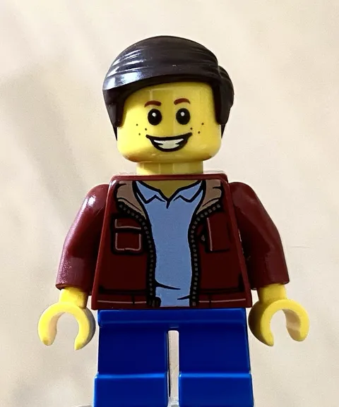 LEGO Little Boy Minifig, Black Hair, Open Jacket, Short Blue Legs Big Happy Grin
