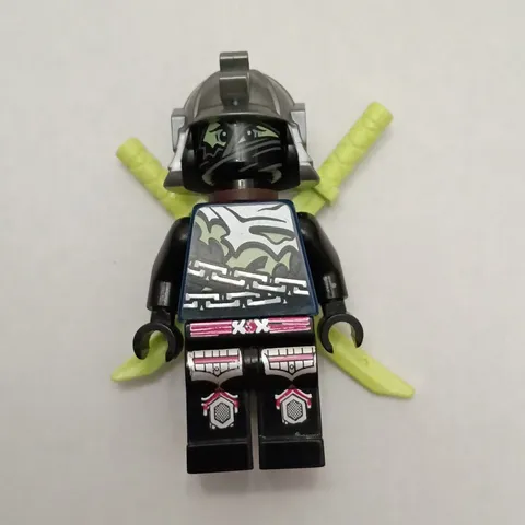 LEGO Ninja Minifigure Black Outfit w/ Gray Helmet & 2 Trans-Light Green Swords