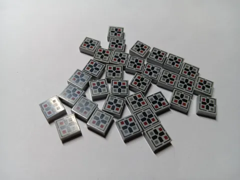 LEGO LOT 32 TILE 1X1 BLACK CROSS DARK RED DARK BLUISH GRAY BUTTONS PATTERN