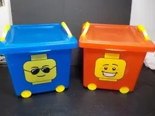 2 LEGO Red Storage Bins w Wheels 2010 legos brick minifig tote box lids 12"