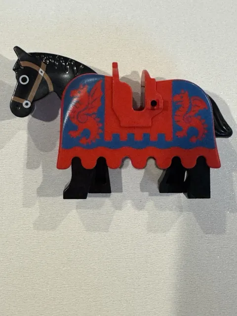 Black Lego Horse With Barding Armor Red & Blue Knights Castle Play Vintage 80s