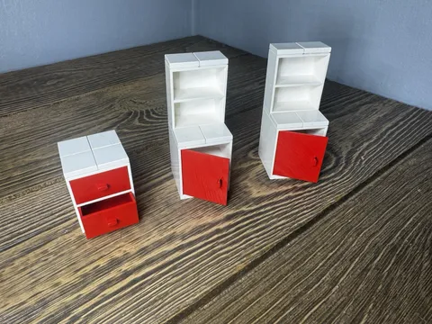 Vintage Lego System Furniture Lot White Cabinets Red Doors Drawers Working