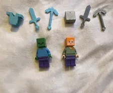 LEGO Minecraft Steve & Zombie Minifigures Lot of 2 w/ Weapons Accessories