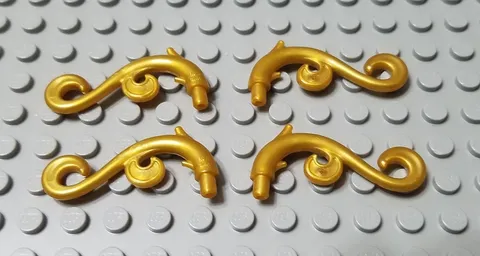 LEGO Lot of 4 Pearl Gold Plant Stems Pieces Curved 2 Thorns and 2 Swirls