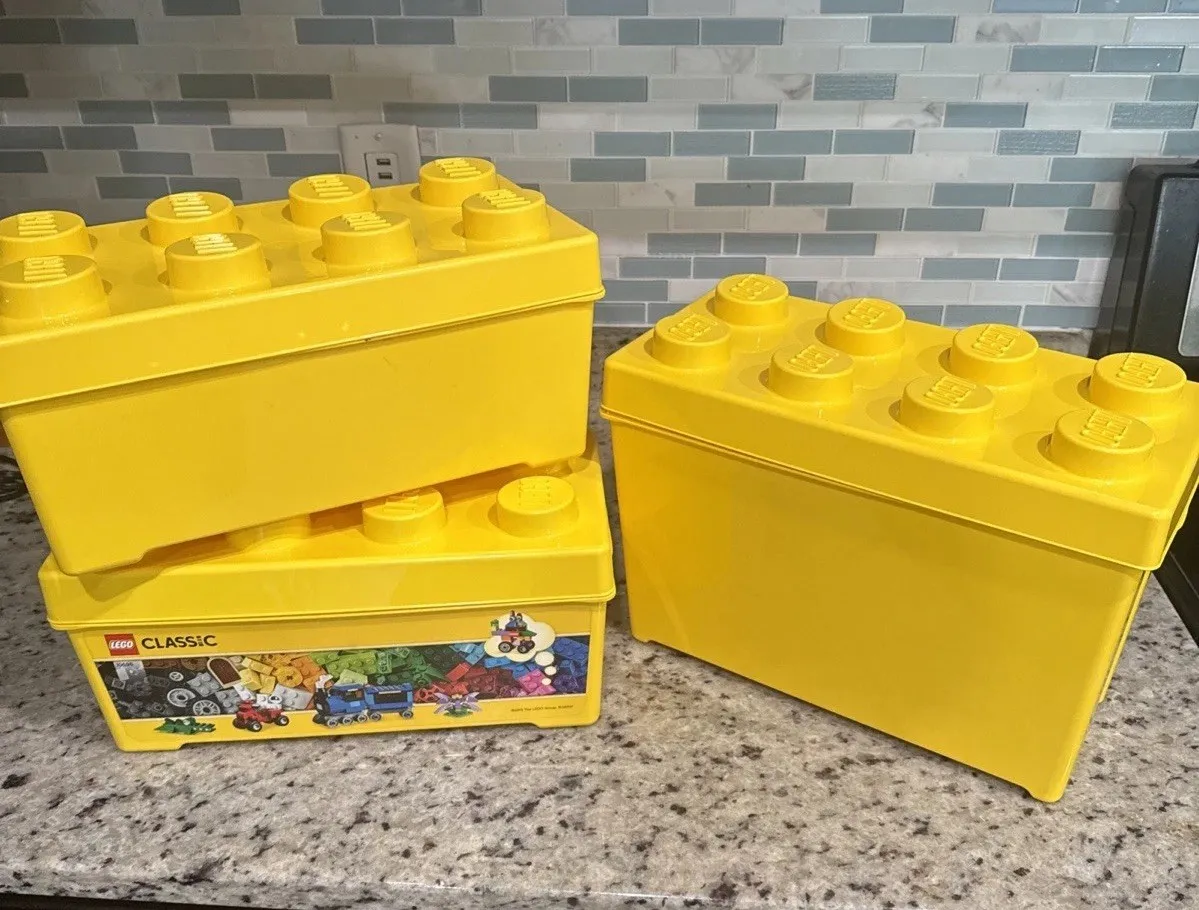 LEGO Yellow Brick Storage Case 8 Stud Plastic Bins Set 3 EMPTY 14x10x7, 14x7x7