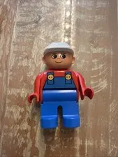 Duplo Figure Male, Blue Legs, Red Top Blue Overalls Construction White Hat #4555