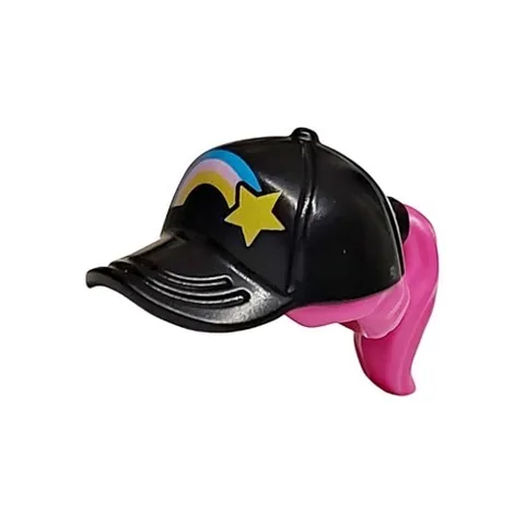 LEGO - Minifig, Hair & Hat, Ponytail, Black Ball Cap w/ Rainbow and Star Pattern