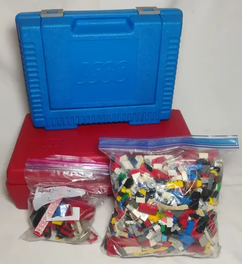 Vintage LEGO Carrying Storage Cases Lot of 2 Blue Red 1980s w/ LEGO Pieces Cases