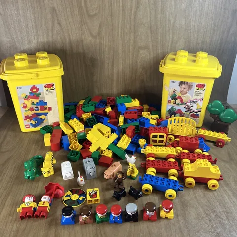 LEGO DUPLO Mixed Lot 2 Buckets Blocks Vehicles People Animal Figures Vtg 90s
