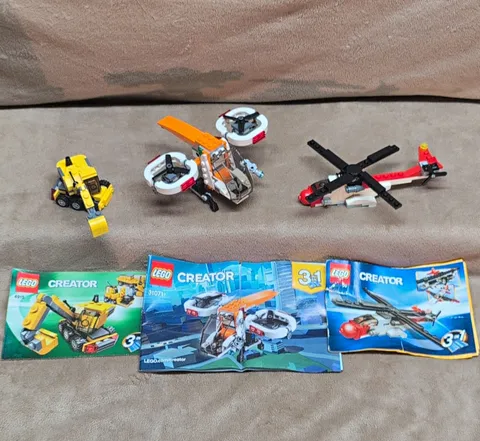 LEGO Creator 31071 Drone Explorer,4198 Helicopter, 4915 Excavator Complete