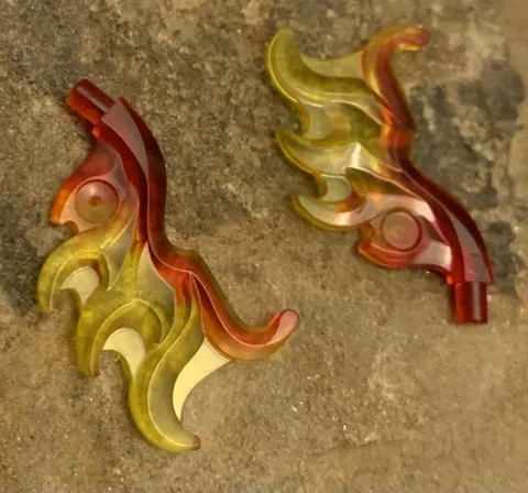 LEGO 18394 Trans Red & Yellow Marbled Wave Rounded Curved Wing Bar End Flame. 2