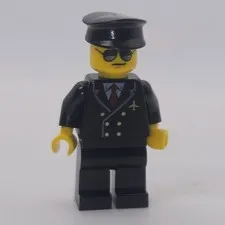 LEGO Pilot Minifigure Black Uniform Sunglasses Black Cap Airplane Pin