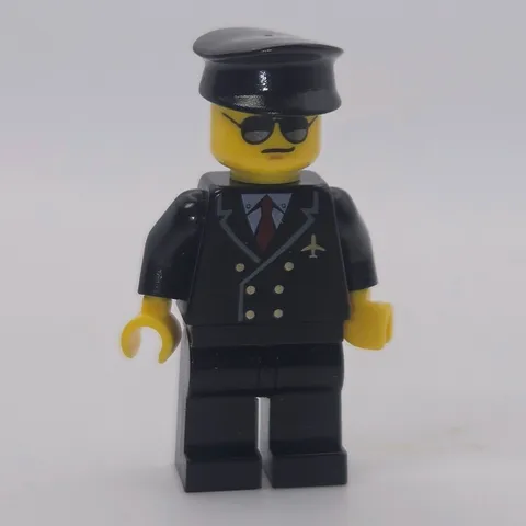 LEGO Pilot Minifigure Black Uniform Sunglasses Black Cap Airplane Pin