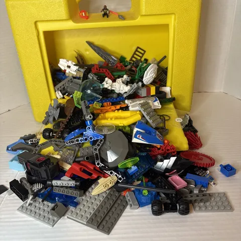 Lego bulk lot assorted pieces in yellow knex container pre-owned 