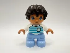 Lego Duplo Figure Boy, Blue/White Clothes, Freckles, Dark Brown Hair