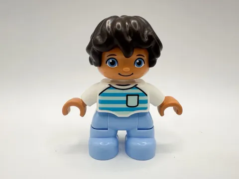 Lego Duplo Figure Boy, Blue/White Clothes, Freckles, Dark Brown Hair