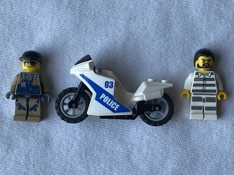(2) Lego Legos Mini Figures Police & Prisoner With Police Motorcycle