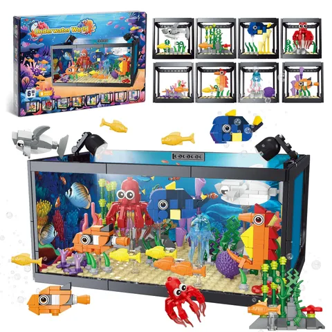 8in1 Aquarium Fish Tank Building Block with LED Light, Including Marine Jellyfish,...
