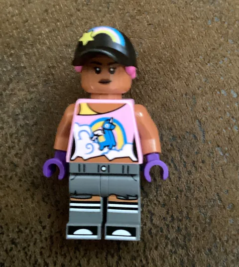 LEGO Minifigure Girl Pink Hair Black Cap Pink Tank Top Gray Legs