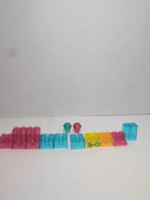 Lego Duplo & Megablock Clear Blue, Pink, Orange Yellow With Two Clear Gems.