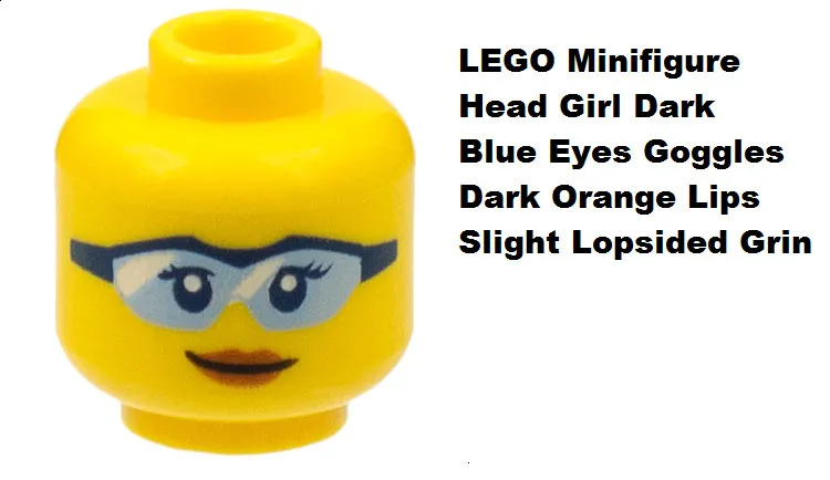 LEGO Minifigure Head Girl Blue Eyes Goggles Dark Orange Lips Grin Dentist Aid