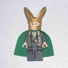 LEGO Loki Minifigure Gold Horned Helmet Green Cape Gray Outfit Plastic