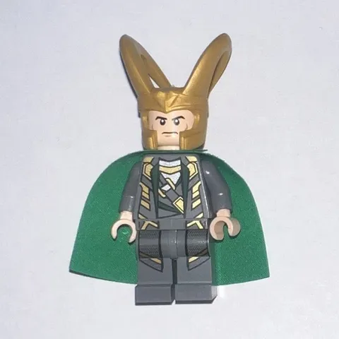 LEGO Loki Minifigure Gold Horned Helmet Green Cape Gray Outfit Plastic