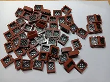 LEGO BULK LOT 56 REDDISH BROWN WINDOW BLACK LATTICE 1X2X2 3X3X2 FLAT FRONT