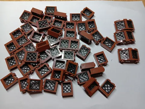 LEGO BULK LOT 56 REDDISH BROWN WINDOW BLACK LATTICE 1X2X2 3X3X2 FLAT FRONT