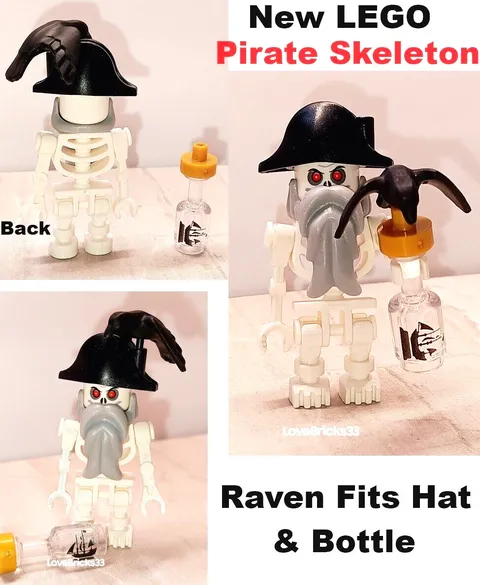 New LEGO Pirate Skeleton Raven Plume Ship in a Bottle Bird Dead Man Captain Hat