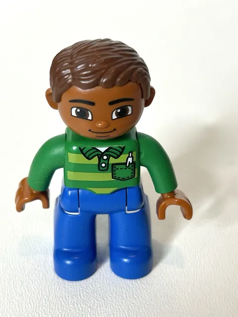 Lego Duplo Figure African American Man brown hair green striped shirt/blue pants