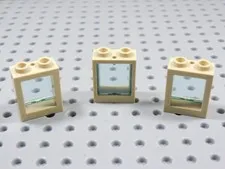 LEGO Lot of 3 Tan 1x2x2 Window Frames w/ Trans Light Blue Insert BG