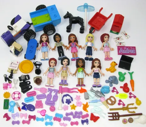 Lego Friends 9 Minifigures Lot Animals Tractor Accessories Pony Foal Food Dishes