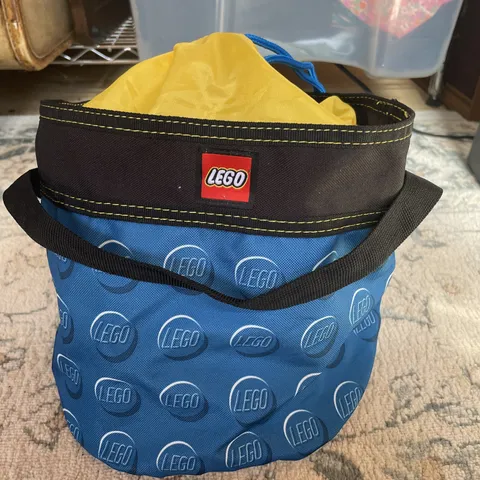 LEGO Storage Soft Bucket Bag Tote Cinch Drawstring Blue /Yellow -Lego Pattern
