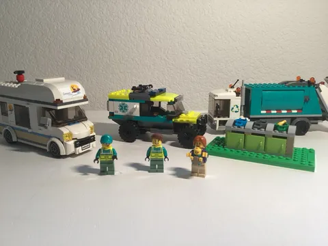 LEGO City Vehicle Lot: Recycling Truck, Camper Van, Off-Road Truck + Minifigs