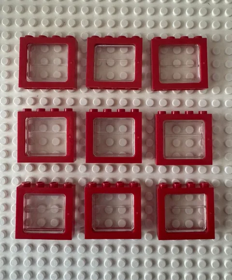 LEGO Window 1x4x3 Train Red 6556 w Train Glass 4034 Qty 9