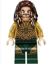 Aqua man LEGO Minifigure long brown hair, beard, gold torso, dark green legs