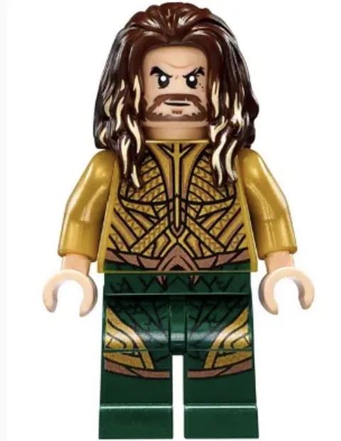 Aqua man LEGO Minifigure long brown hair, beard, gold torso, dark green legs