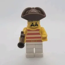 LEGO Pirates Minifigure Brown Tricorn Hat Musket Striped Torso White Legs