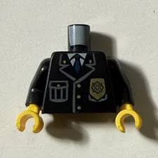 LEGO Minifigure Torso Black Suit Jacket Tie & Badge Print Yellow Hands 1 Piece