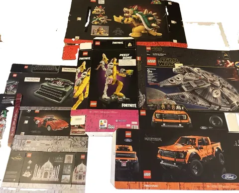 Assorted empty Lego boxes 9 Count Star Wars Bowser  Fortnite Peely Globe Raptor