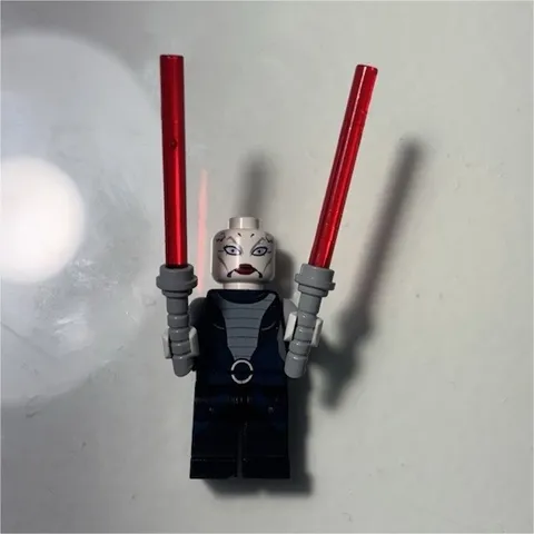 LEGO Minifigure w/ 2 Red Lightsabers, Black Outfit, Silver Helmet