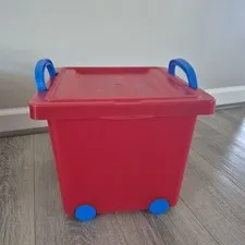 Toys R Us red plastic storage container LEGO w/ wheels and handles retired 12×13