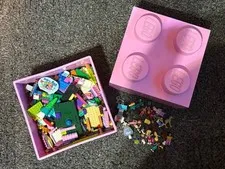 LEGO Friends Pink Storage Brick Case 10x10 Full Of Assorted Legos & Minifigures